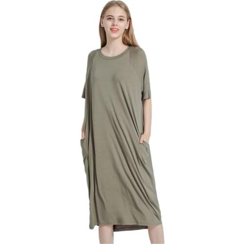 Loose пижама long skirt summer modal dress womens short-sleeved nightdress plus fat enlarge solid color pregnant Nightwear