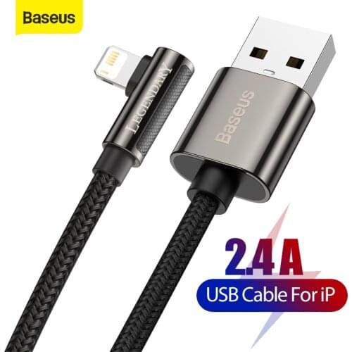 Baseus USB Cable for iPhone 12 11 Pro Max 90 Degree Elbow Cable 2.4A Charging Wire for iPhone X 7 Charger Game Cable Data Line