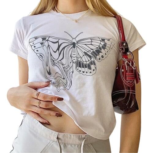 Women Summer Casual T-shirt 90s Butterfly Print Short Sleeve Round Neck Pullover Y2K T-shirts Retro Cropped Slim Tops