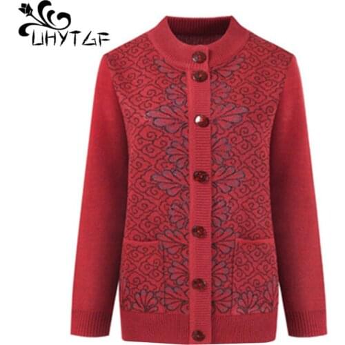 UHYTGF cardigan women knitted autumn winter sweater jacket O neck single-breasted casual plus size sweater women pull femme 1218