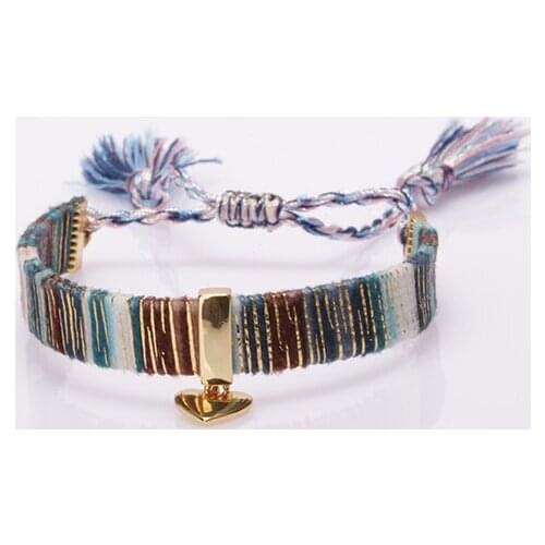 Gold heart sign ethnic boho mix cz paved soft cotton silk tassel band charm adjustable bracelet for woman