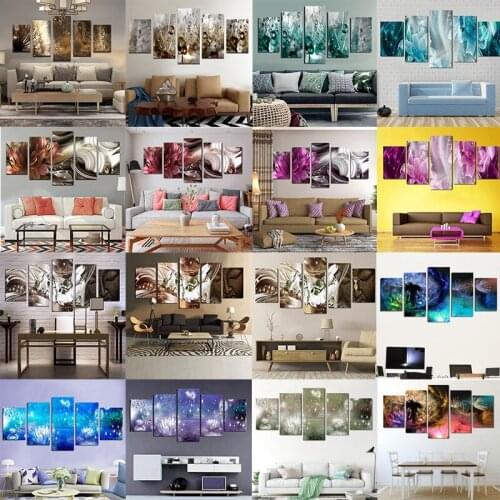 5 Pieces European Style Canvas Painting Wall Poster Art Picture Silver Gorgerous Flowers Shining Light for Home Rooms Decoration