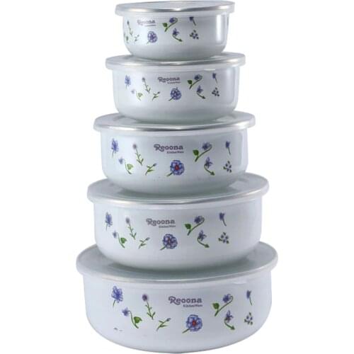 5PCS / set Enamel Cold Storage Bowl Instant Noodle Bowl Rice Bowl Fresh Bowl Box Sealed Soup Bowl with PP cover