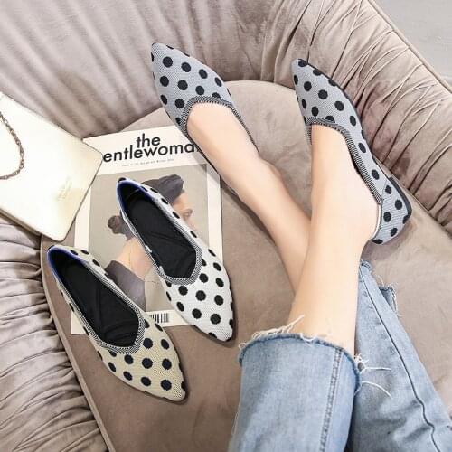 40-43 Big Size polka dot fly weaving flats sneaker shoes women ballerina loafers pointed toe knitted thread moccasins femme 2021