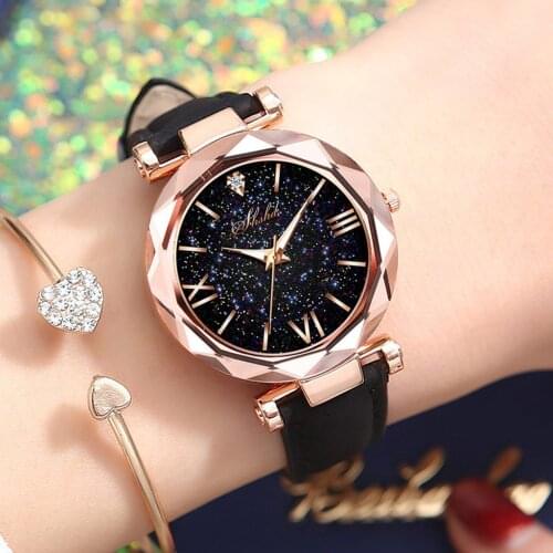 Luxury Starry Sky Stainless Steel Leather Band Watches For Women Crystal Analog Quartz Wristwatches Ladies Clock Relogios