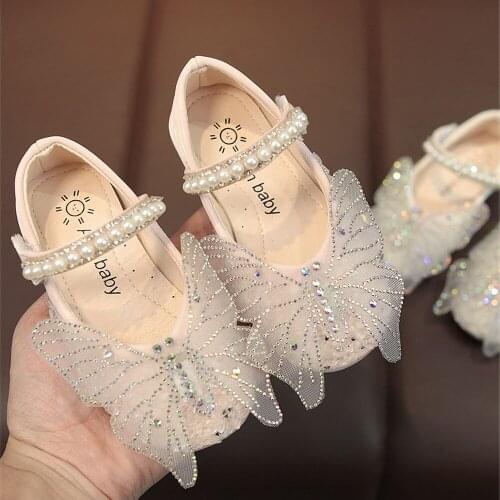 Girls 2020 New Mini Sequined Pearl Sandals Children Princess Candy Color Non-slip Bow Rhinestone Oxford Leather Sandals
