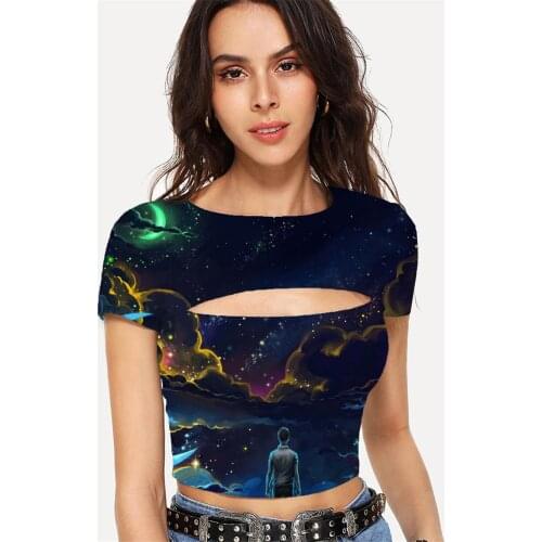 Somepet Dog T shirt Women Animal T-shirts 3d Galaxy Hollow Out T shirts Harajuku Navel Bare Womens Clothing Sexy New Slim