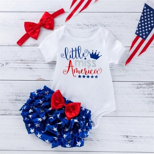 Independence Day Baby Girls Clothes Infant Summer Letter Printing Short Sleeve Round Collar Romper + Star Shorts + Bow Headwear