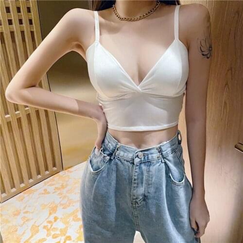 Sexy Satin Crop Tops Women Wireless Bralette Crochet Top Female Spaghetti Strap T-shirt Cropped With Chest Padded Camisole