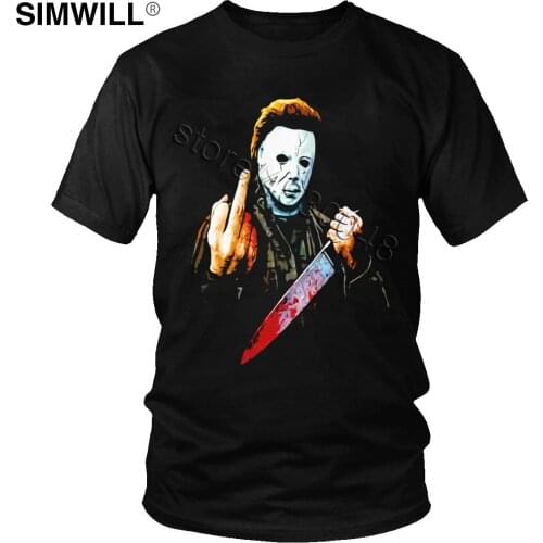 Michael Myers T Shirt Men Crazy Halloween Middle Finger Horror Movie T-Shirt Short Sleeve Cotton Printed Tee Streetwear Tshirt
