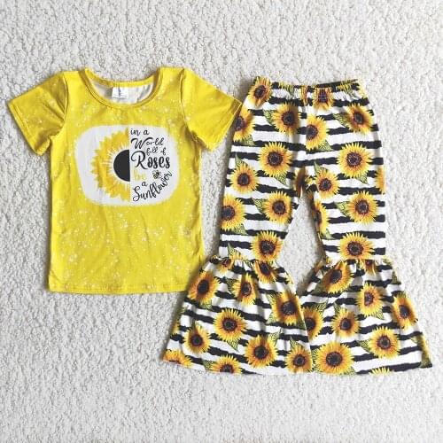 Fashion Kids O-Neck Design Short Sleeve Clothes Girls Yellow Top Match Sunflowers Pattern Bells 2Pieces Set High Quality Outfit