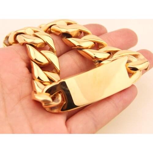 Fashion 16mm Gold Color Chain & Link Cuban Bracelets Motorcycle Biker Stainless Steel Curb Cuban Bracelet Bangles For Men