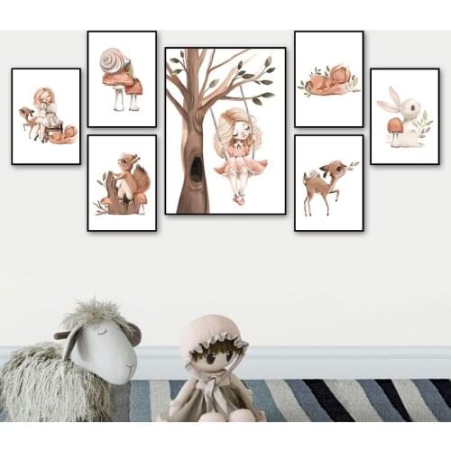 Cartoon Animal Rabbit Deer Girl Squirrel Snails Wall Art Canvas Painting Nordic Posters And Prints Wall Pictures Kids Room Decor