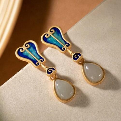 Natural Hetian jade water drop shaped Musa fan Earrings Chinese style retro unique ancient gold craft charm female brand jewelry