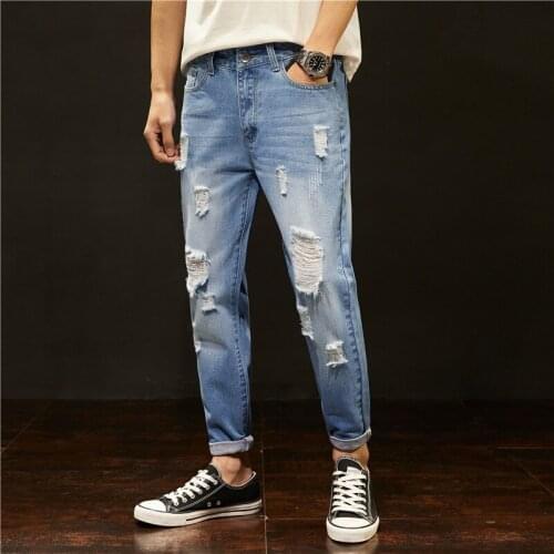 2020 New Fashion Summer Mens Jeans Pants Boys Hole Solid Casual Ripped Korean Version Denim Male Ankle-length Trousers