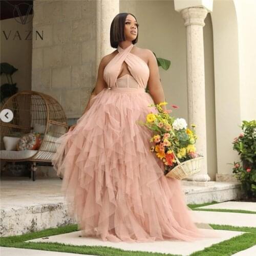 VAZN New 2021 Single Tulle Lace Women Elegant Fashion Maxi Dress Slim Dress Club Birthday Shinny Dress