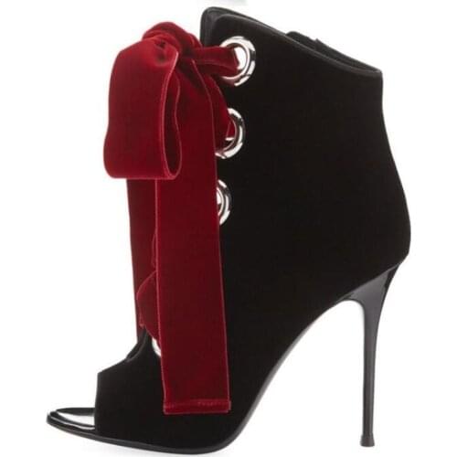 Sexy Black Velet Ankle Boots Red Thick String Lace-up High Heel Short Boot Peeo Toe Hollow Gladiator Heels Dress Shoes Big Size