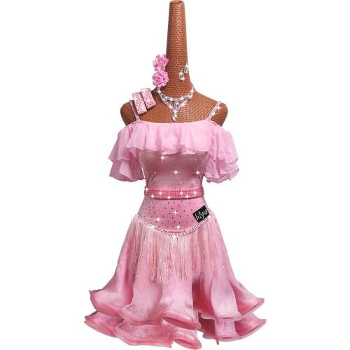 Latin Dance Competition Dress Childrens Performance Dress Art Examination Dress Bare Shoulder Pink Fishbone Curling Dress#MD048