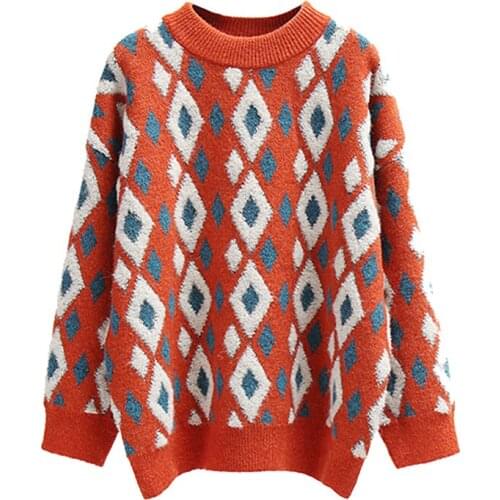 VSUE Women Pullovers Sweaters Orange Green Fuchsia Autumn Winter Oversize Knitted Warm Casual Crew Neck Argyle Plaid M0398