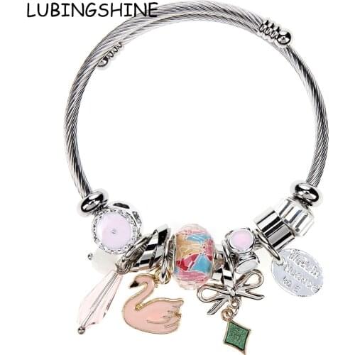 Luxury Stainless Steel Bracelet for Women Girls Adjustable Crystal Rhinestone Swan Pendant Open Cuff Wire Bangle DIY Jewelry