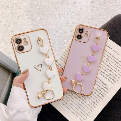 Luxury Love Heart Phone Case With Wrist Bracelet Plating For iPhone 12 11 Pro Max XS Max XR X 7 8 Plus SE 20 Fashion Back Cover