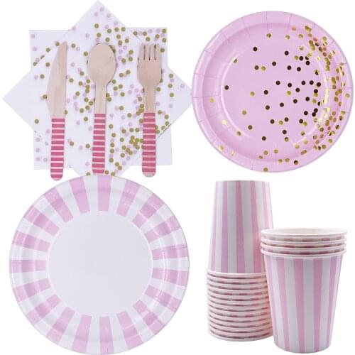 Pink Bronzing Stripe Paper Tray Birthday Party Set Children Birthday Items Gender Reveal Tableware Set Baby Girl Shower Supplies