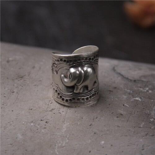 Thai Silver Chiang Mai Handmade Silver Retro Filinal Ring 925 Sterling Silver Elephant Ring Men & Women Open Ended