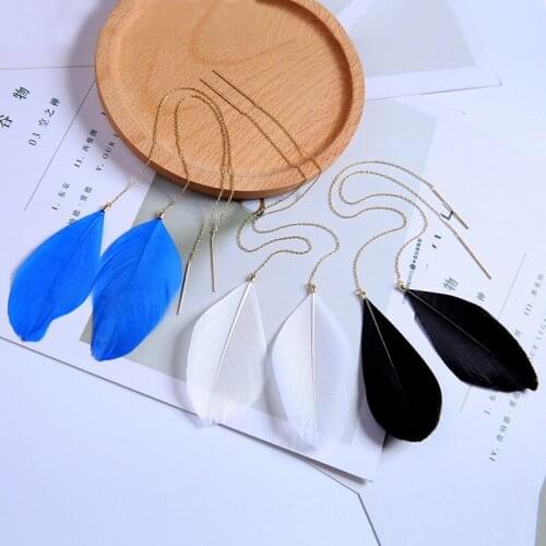 3 Color Blue&Black&Red Feather Adjustable Long Gold Thin Chain Earrings Charming Fashion Pierced Threader Earrings For Women