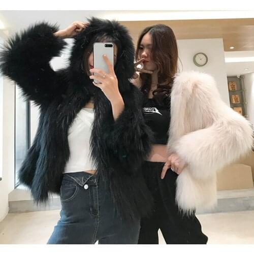 Raccoon Fur Coat Womens Short Style Hooded Long Sleeve Winter Fashion Young Fur Coat Faux Fox Fur