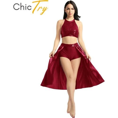 ChicTry Halter Sequin Crop Top with Built-In Leotard Skirt Set Women Ballet Dress Adult Stage Performance Lyrical Dance Costumes