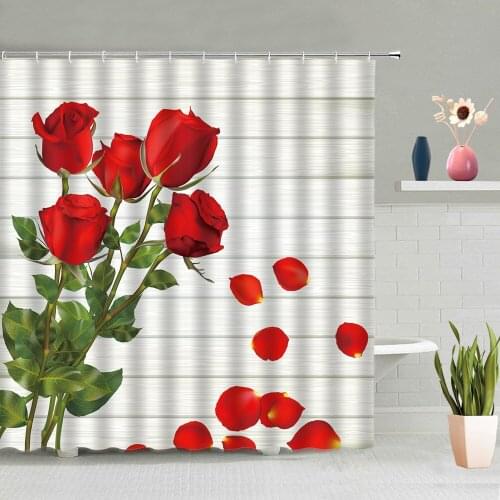 Color Flowers Shower Curtain Green Leaves Plants Rose Floral Valentines Day Bouquet Bathroom Decor Screen Washable With Hooks