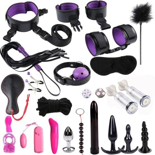 24 Pcs/Set Lots Sex Toys of Handcuffs Nipple Clamp Whip Spank Silicone Metal Anal Bead Plug Vibrator for Men Women Bdsm Bondage