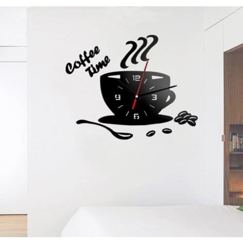 3D DIY Mirror Acrylic Wall Clock Modern Kitchen Home Decor Coffee Cup Shape Time Clock Digital Wall Stickers For Living Room