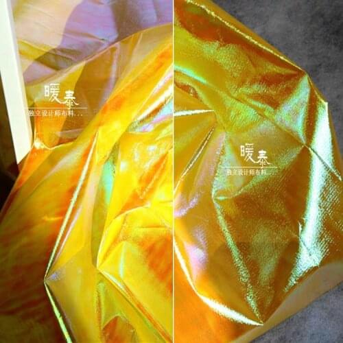 Yellow Iridescent Reflective PVC Leather Fabric DIY Waterproof Raincoat Bag Garment Clothing PU leather fabrics