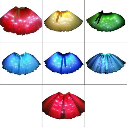 Women LED Light Up Ballet Dance Layered Tulle Tutu Skirt with Satin Ribbon Bow Festival Holiday Party Stage Dancing Wear 7 Color