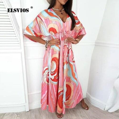 Casual Summer 2021 Beach Party Dress Women Printed Maxi Dress Elegant Temperament V-neck Half Sleeve Loose Waist Dresses Vestido