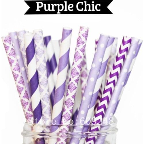 150pcs Mix Colors Purple Chic Party Paper Straws,Deep Purple Striped,Chevron,Damask,Lilac Stripe,Dot,Lavender,Wedding,Drinking