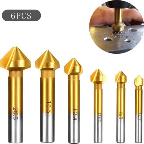 6.3-20.5MM 6pcs Titanium Round Shank 3 Flute 90 Degree HSS Chamfer Chamfering Cutter End Mill Tool Countersink Drill Bit Set