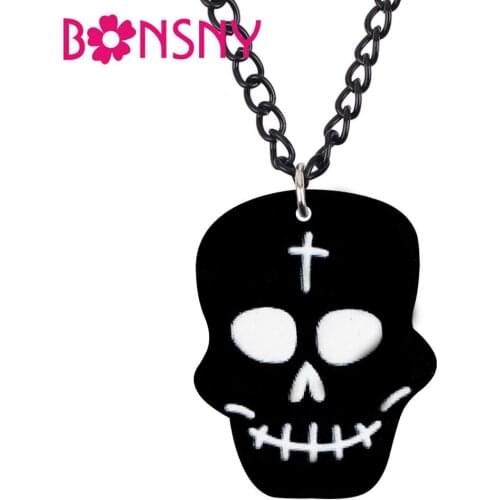 Bonsny Acrylic Halloween Black Skull Skeleton Necklace Long Chain Choker Festival Jewelry Kid Girl Fashion Accessory Party Gift