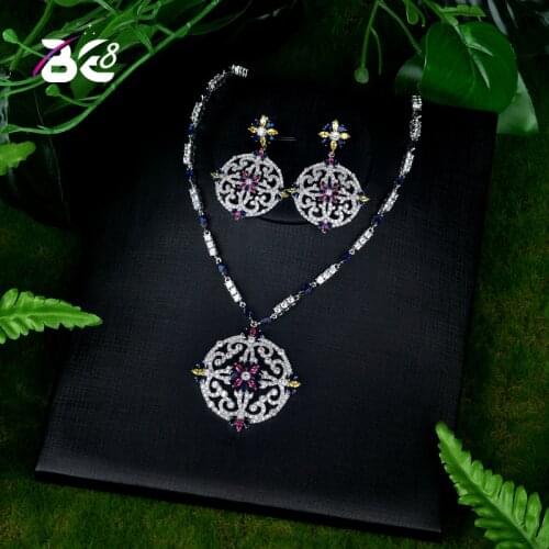 Be 8 Luxury Style Round Flower Shape Colorful CZ Pendants Bridal Women Wedding Jewelry Sets Bijoux Femme Ensemble S081