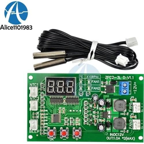 12V Dual 3-wire Fan LED Intelligent Digital Temperature Thermostat Governor Speed Controller Switch Board Waterproof NTC Module