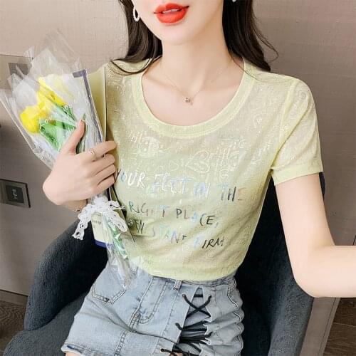 European fashion shiny letters t shirt women round neck short sleeve thin ladies casual tees shirt bronzing summer t-shirts tops