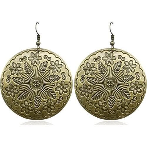 Classical Circular Pattern Engraved Earrings Bohemian Alloy Dangle Earring Personality Exaggerated Ethnic Style Jewelry