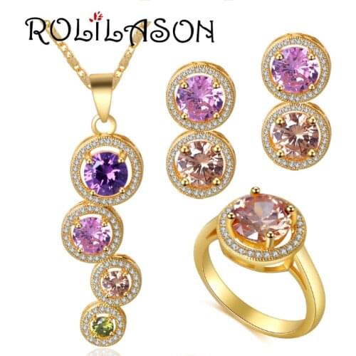 Passionate multicolor zircon Healthy lead-free yellow gold tone earrings necklace ring size jewelry set #6#7#8#9#10 JS733