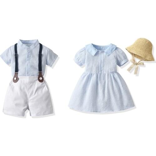 Tem Doger Summer Plaid Brother and Sister Kids Matching Outfits Boys Gentleman Suit+ Girls Princess Sundress With Hat Sets