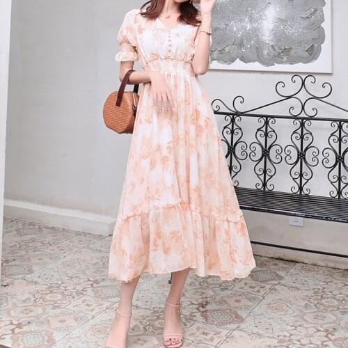 Summer Chiffon Print Dress Women Short Sleeve Elastic Waist Ruffled Dress Female Beach Dress Holiday