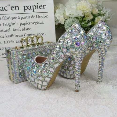 LoveinCrystal Bride Party Dress Shoes With Bag High Heels Colorful Shining Crystal Wedding Shoes Women Plus Size Rhinestone