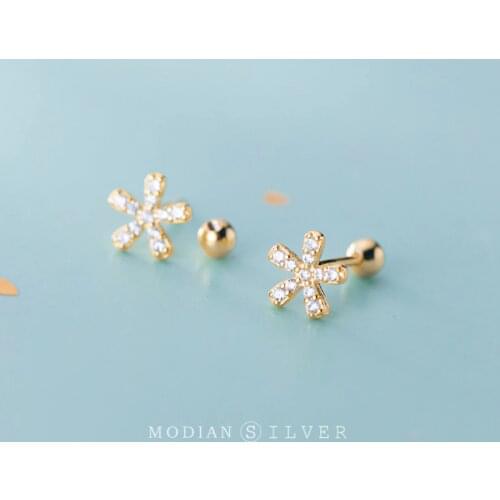 Modian Real Sterling Silver 925 Classic Flower Stud Eearrings for Women Clear CZ Gold Color Ear Pins Studs Fine Charm Jewelry