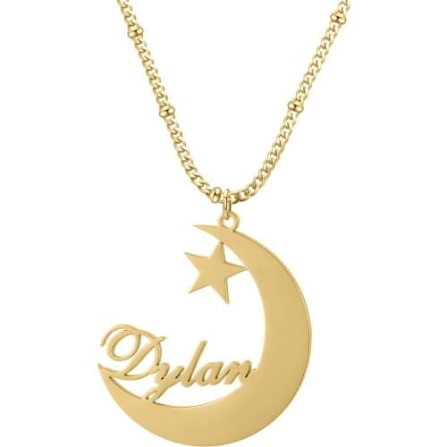 MYDIY Trendy Name Necklace For Girl Personalized Moon Star Initial Name Pendant Necklace Stainless Steel Jewelry Bead chain Gift