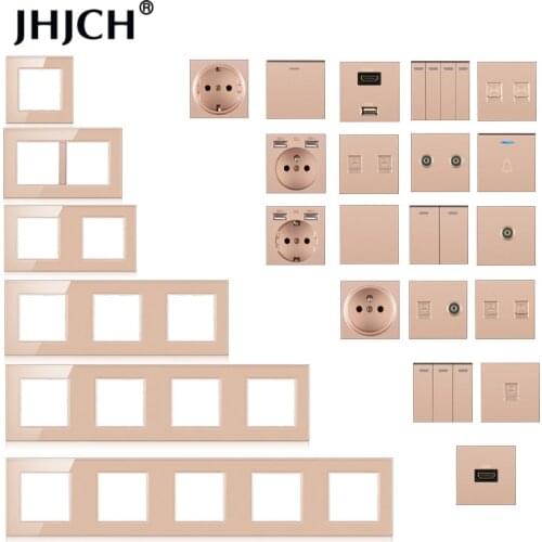 Jhjch wall mount module diy European standard golden glass panel socket switch button free combination function